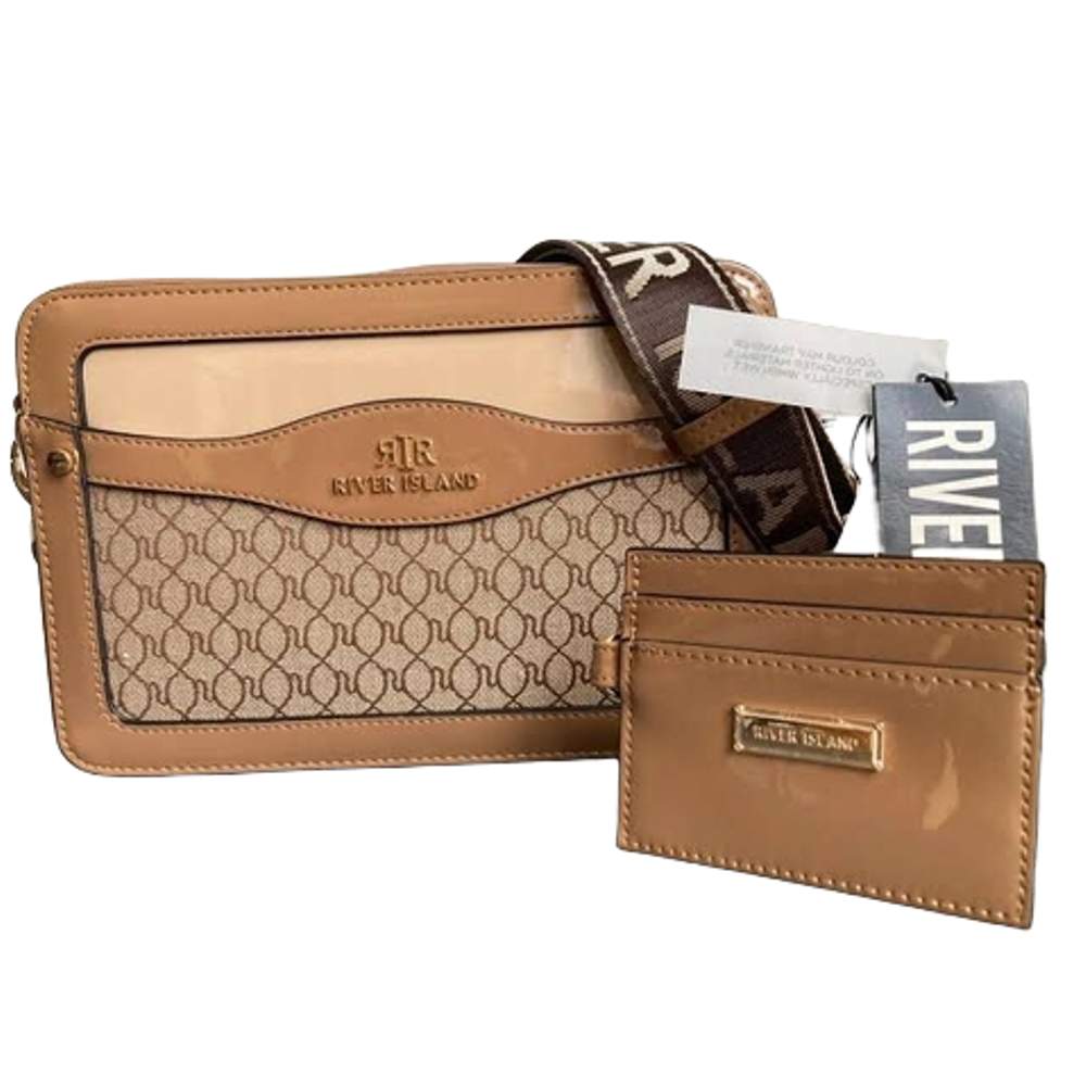 Brown RI Monogram Boxy Cross body Bag With Card Holder River Island